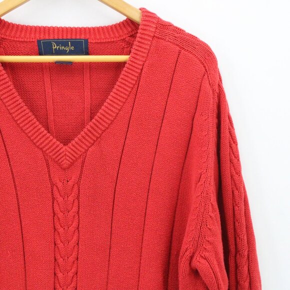 Vintage Pringle Sweater Mens Red Pullover Knit Crewneck Cotton Size XL 90s - Picture 2 of 9